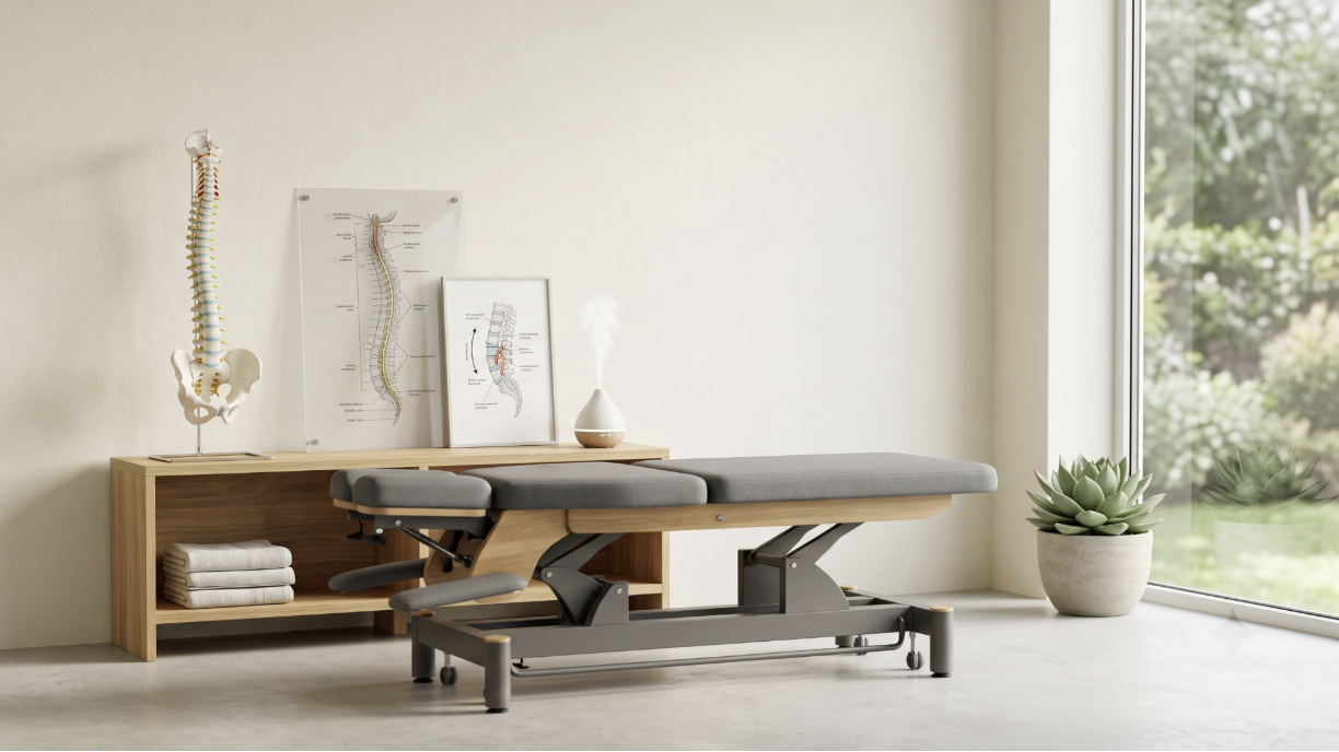 Chiropractic treatment table with spinal model illustration, demonstrating McCracken Chiropractic’s commitment to cause focused care