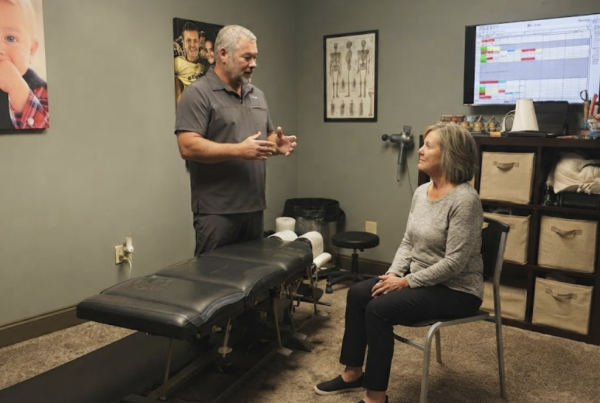 Dr. Chris McCracken consulting with a patient in a treatment room at McCracken Chiropractic in Calhoun, GA.