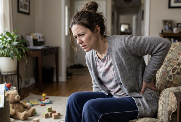 Woman sitting on the edge of a couch grimacing and holding her lower back in pain.